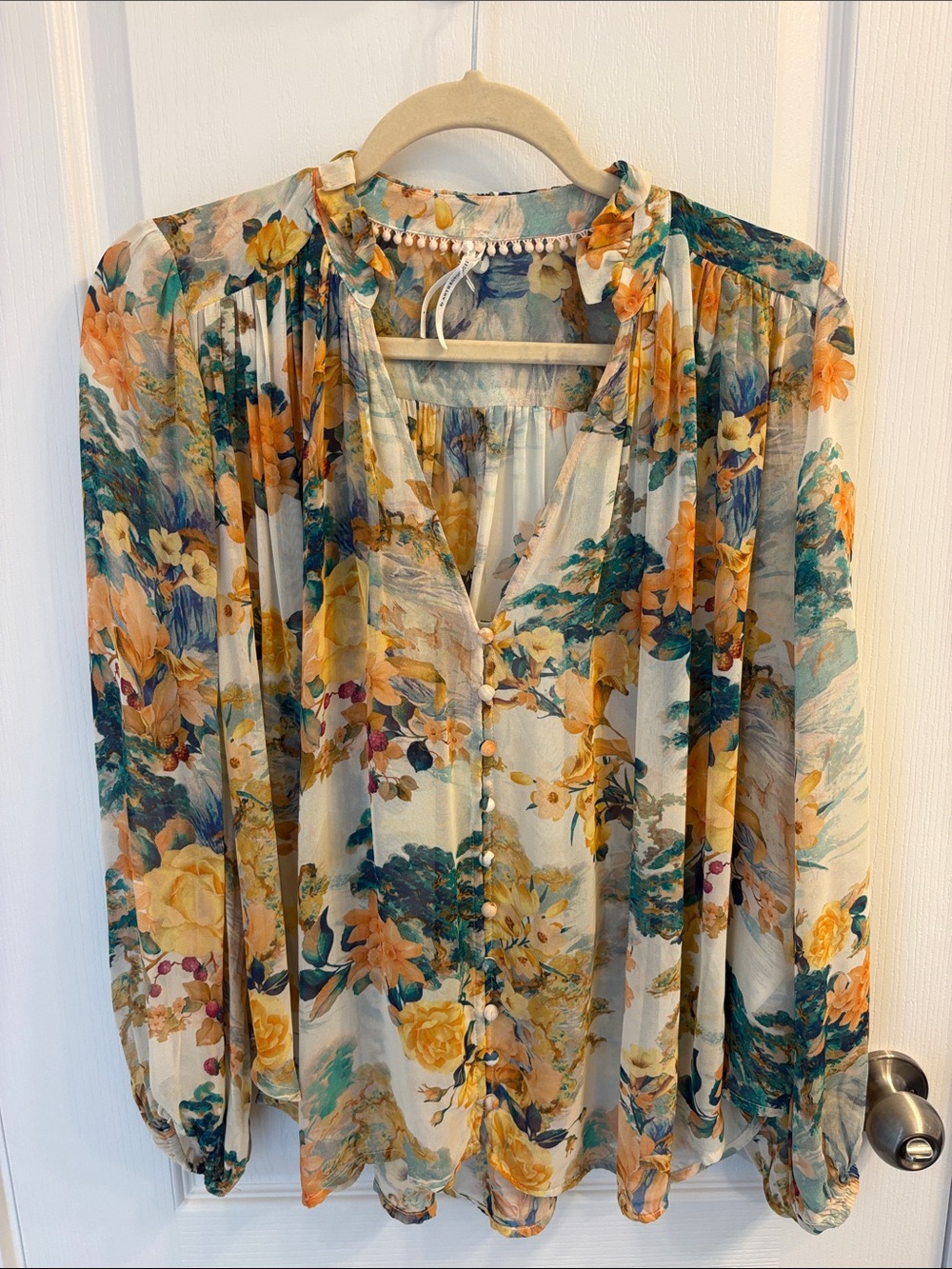 Anthropologie Floral Sheer Button-Front Blouse in Yellow & Teal
